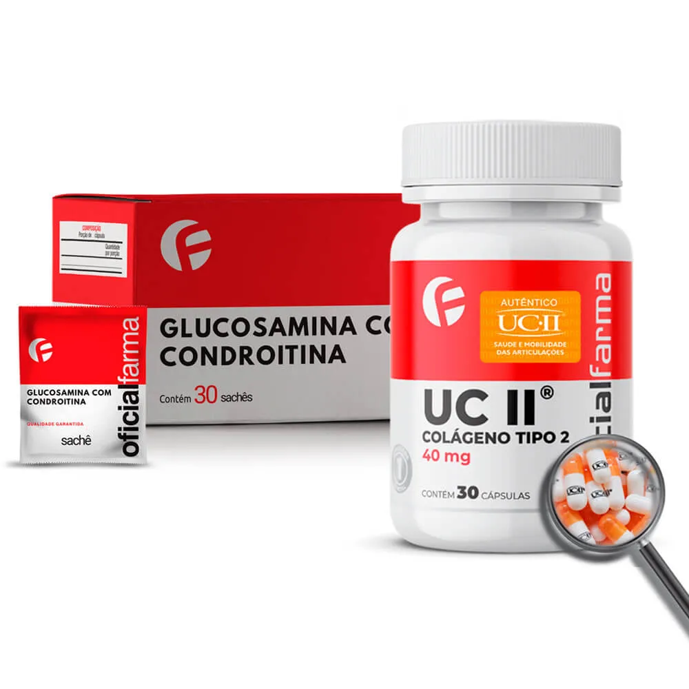 Uc II (Colágeno tipo 2) 40mg 30 Cápsulas + Glucosamina com Condroitina 30 Sachês