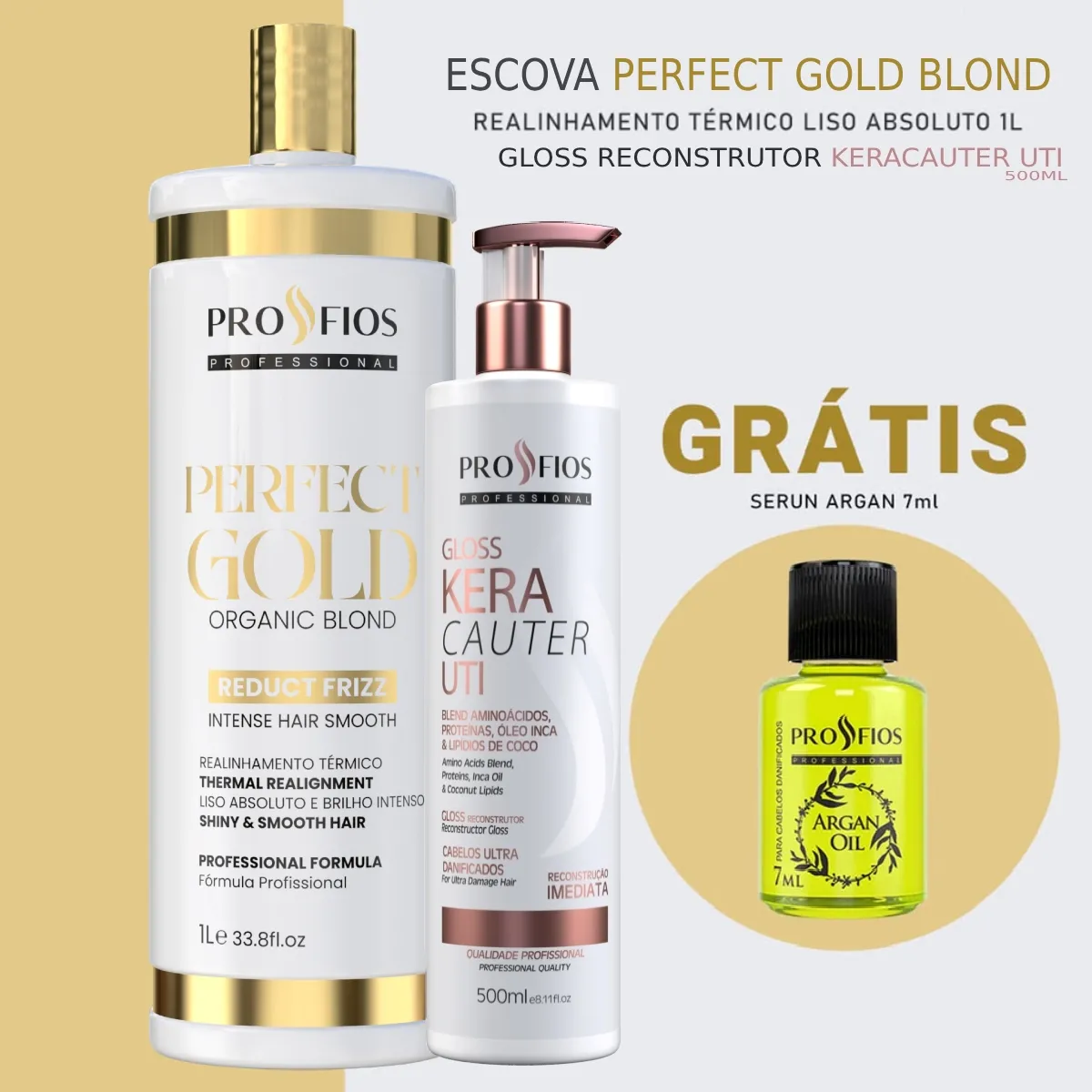 Kit Escova Profios Perfect Gold Organic Blond 1l + Gloss Reconstrutor Profios Keracauter Uti 500ml