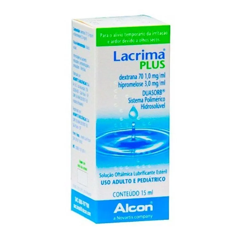 Lacrima Plus 1mg/mL + 3mg/mL, caixa com 1 frasco gotejador com 15mL de solução de uso oftalmológico