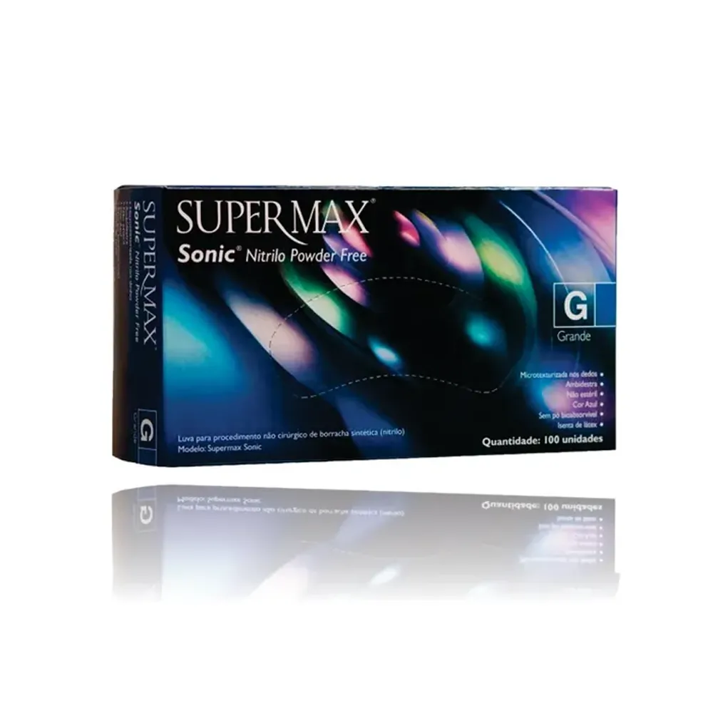Luva Sonic Nitrílo Sem Pó Tam. G. Azul Cobalto C/ 100 Un. Supermax