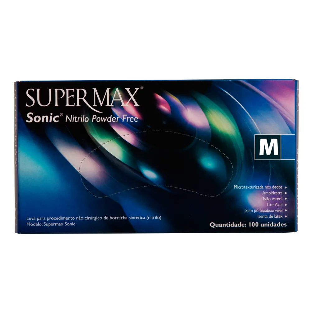 Luva Sonic Nitrílo Sem Pó Tam. M. Azul Cobalto C/ 100 Un. Supermax