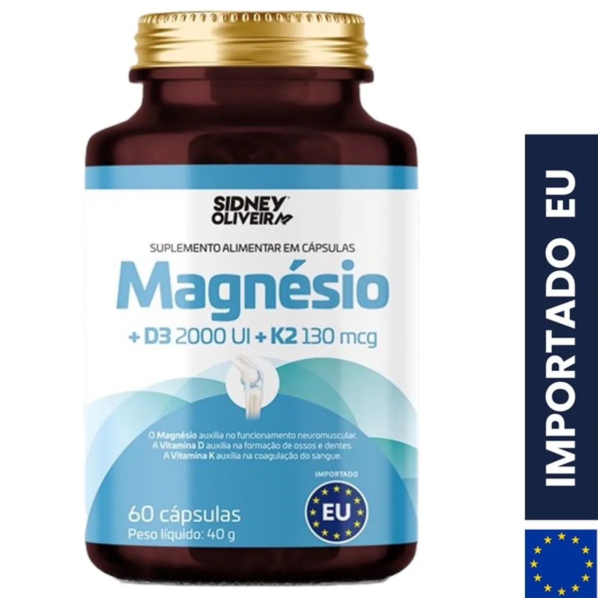 Magnésio 200Mg+Vitamina D 2000Ui+Vitamina K2 130Mcg 60 Cápsulas União Europeia Sidney Oliveira