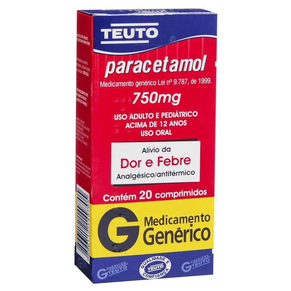 Paracetamol Teuto 750mg, caixa com 20 comprimidos revestidos