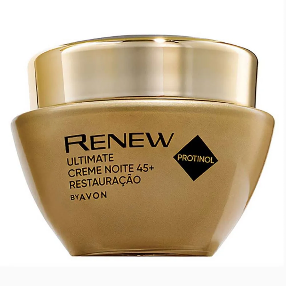 Avon Renew Ultimate 45+ Noite Protinol 50 gO Creme Facial Renew Ultimate Noite Restauração é potencializado por Protinol + Phloretin para renovar as células da pele. Desenvolvido para restaurar a produção de colágeno da pele. Instantaneamente, a pele inter
