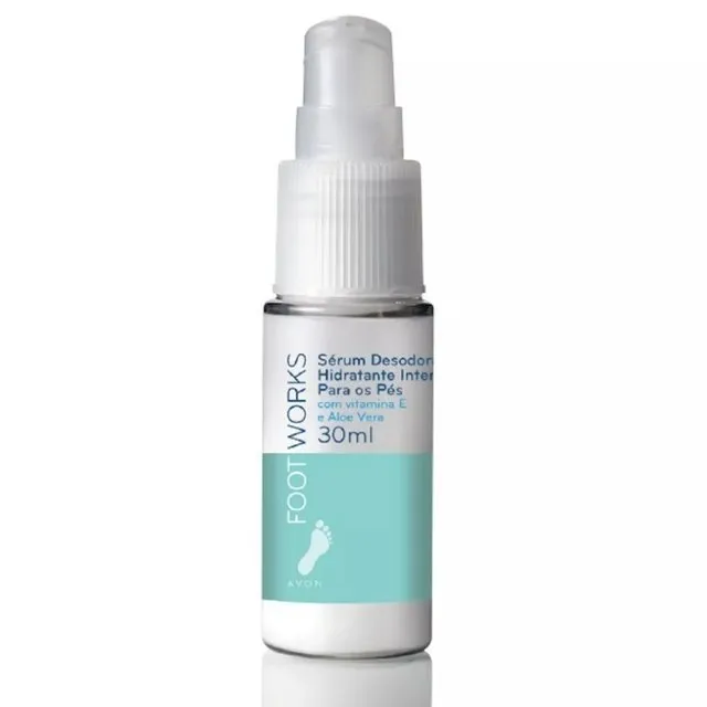 Avon Foot Works Sérum de Hidratação Intensiva para Pés com Vitamina E e Aloe VeraHidratação intensa e agradável sensação refrescante Sérum concentrado que proporciona hidratação aos pés. Fórmula enriquecida com glicerina, vitamina E, Aloe Vera e óleo essen