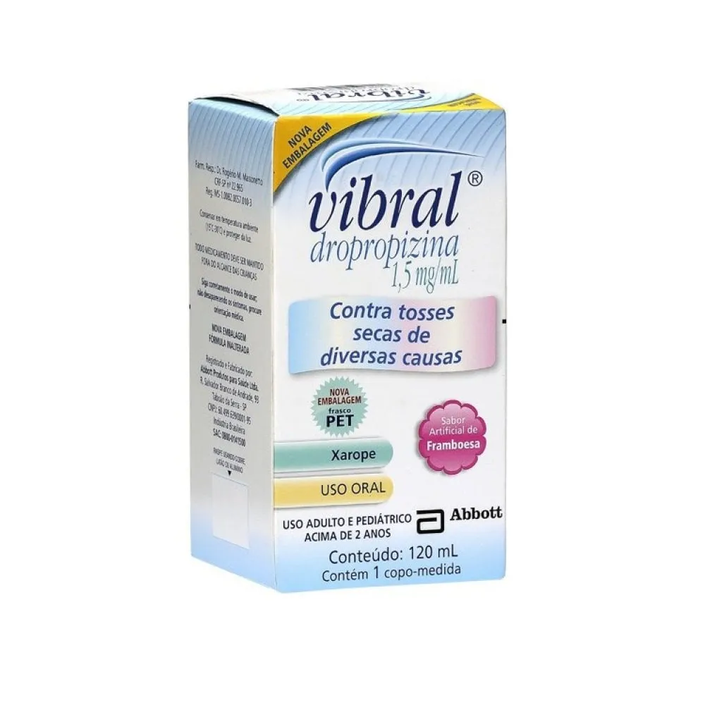 Vibral 1,5mg/mL, caixa contendo 1 frasco com 120mL de xarope infantil + 1 copo medidor