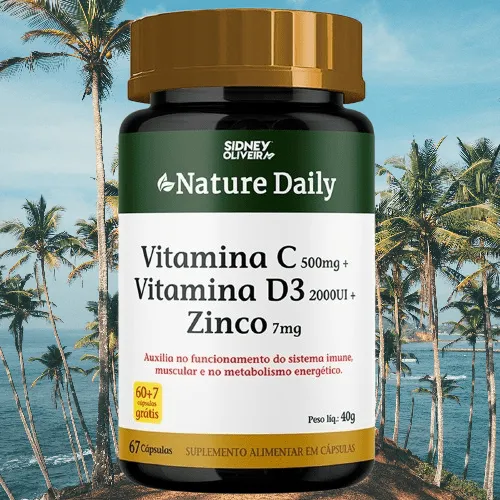 Vitamina C 500Mg + D3 2000Ui + Zinco 7Mg Nature Daily 60 Cápsulas + 7 Grátis Sidney Oliveira