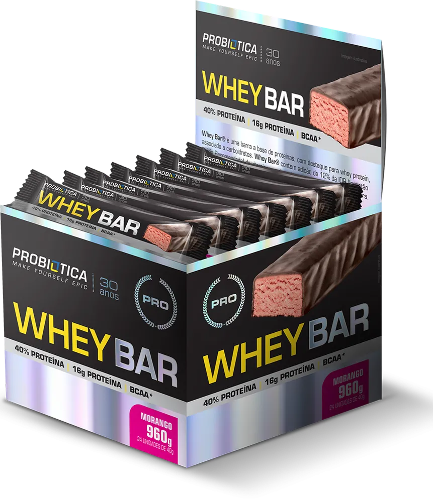 Whey Bar Protein 40G Morango - Display com 24 unidades - Probiótica