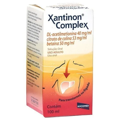 Xantinon Complex 40mg/mL + 53mg/mL + 50mg/mL, caixa com 1 frasco com 100mL de solução de uso oral